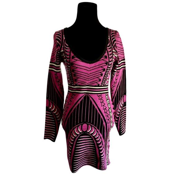 2B BeBe Y2K Geometric Pink Black Gold Bodycon Dress Medium - Picture 2 of 6